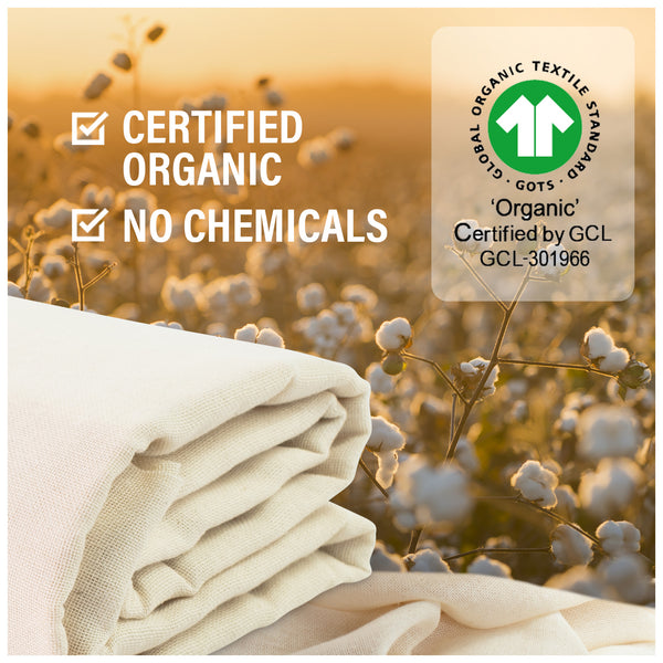 Folded organic fabric with cotton and certification logo in the background